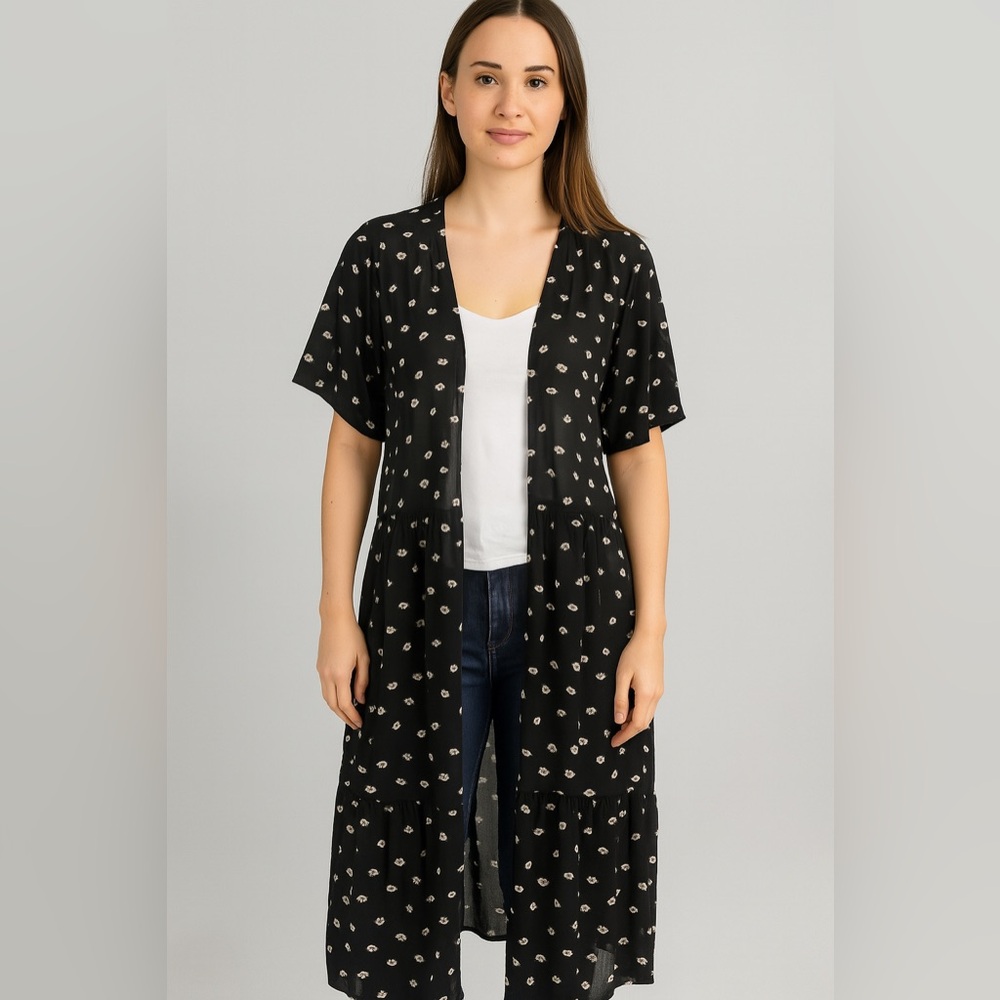 Bohemian Maxi Cardigan Sunflower Black Yellow Floral Open Front - Picture 1 of 4